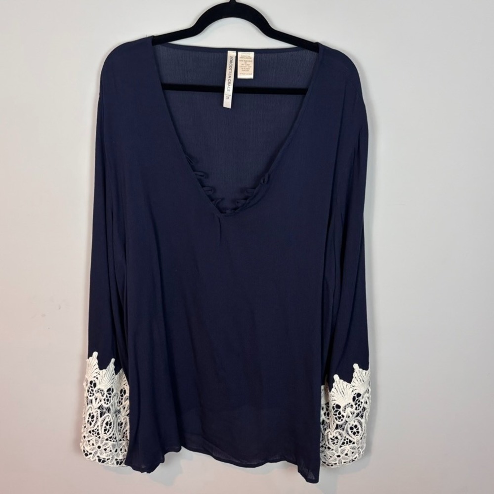 Forgotten Grace Womens Navy Lightweight Lace Trim Boho Blouse SZ 3X Workwear